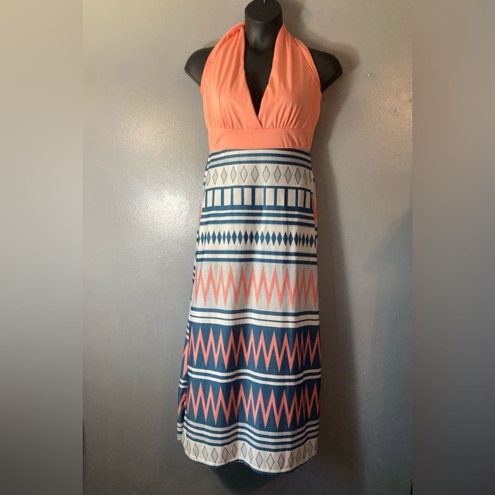 L.Show Coral and Navy Lightweight Geometric Maxi Dress